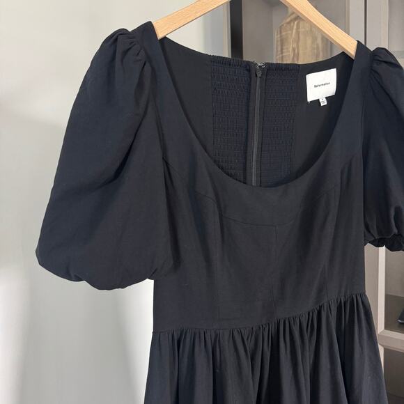 Reformation Black Scoop Neck Puff Sleeve Tiered Maxi Dress 6 Organic Cotton - Picture 3 of 7